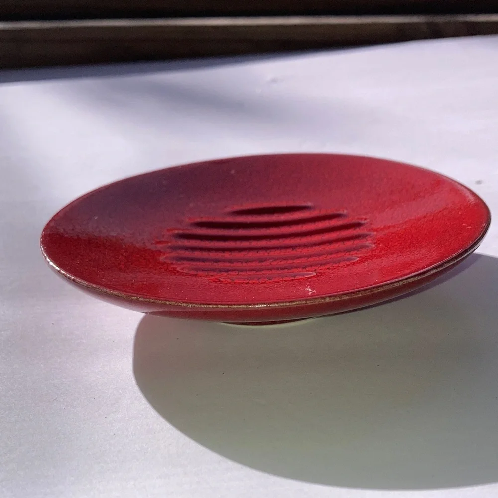 CRATE and BARREL Round Soap Dish Deep Red with Ridges Made In Portugal 5 inches